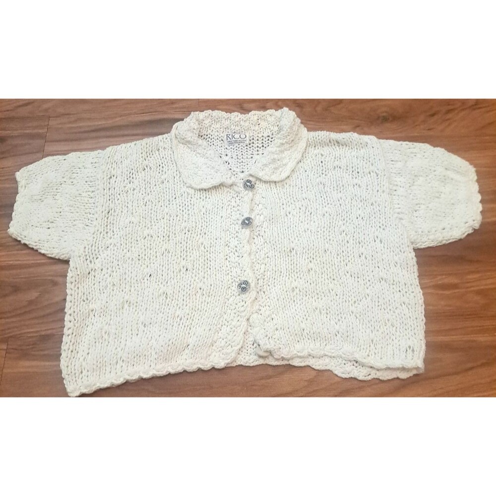 White Knit Cardigan Sweater Cropped Short Sleeve Celtic Triskele Buttons XL